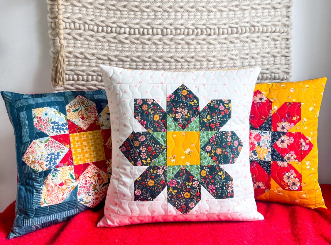 The Flower Fields Quilted-Flower-Pillows-1-fabric-collection-maureen-cracknell