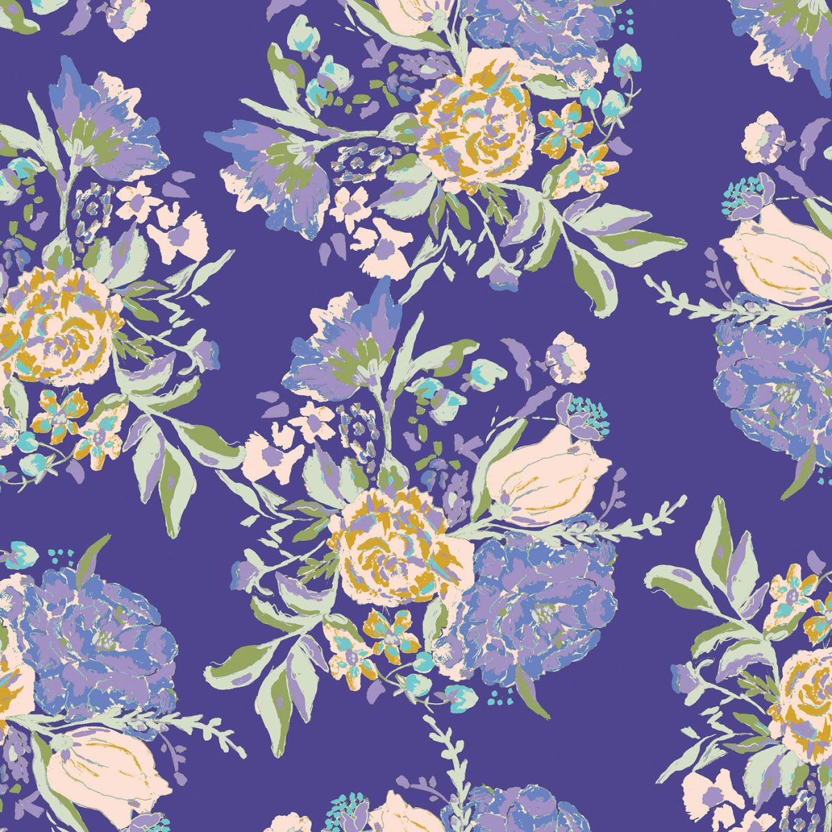 big florals on a blue purple background fabric