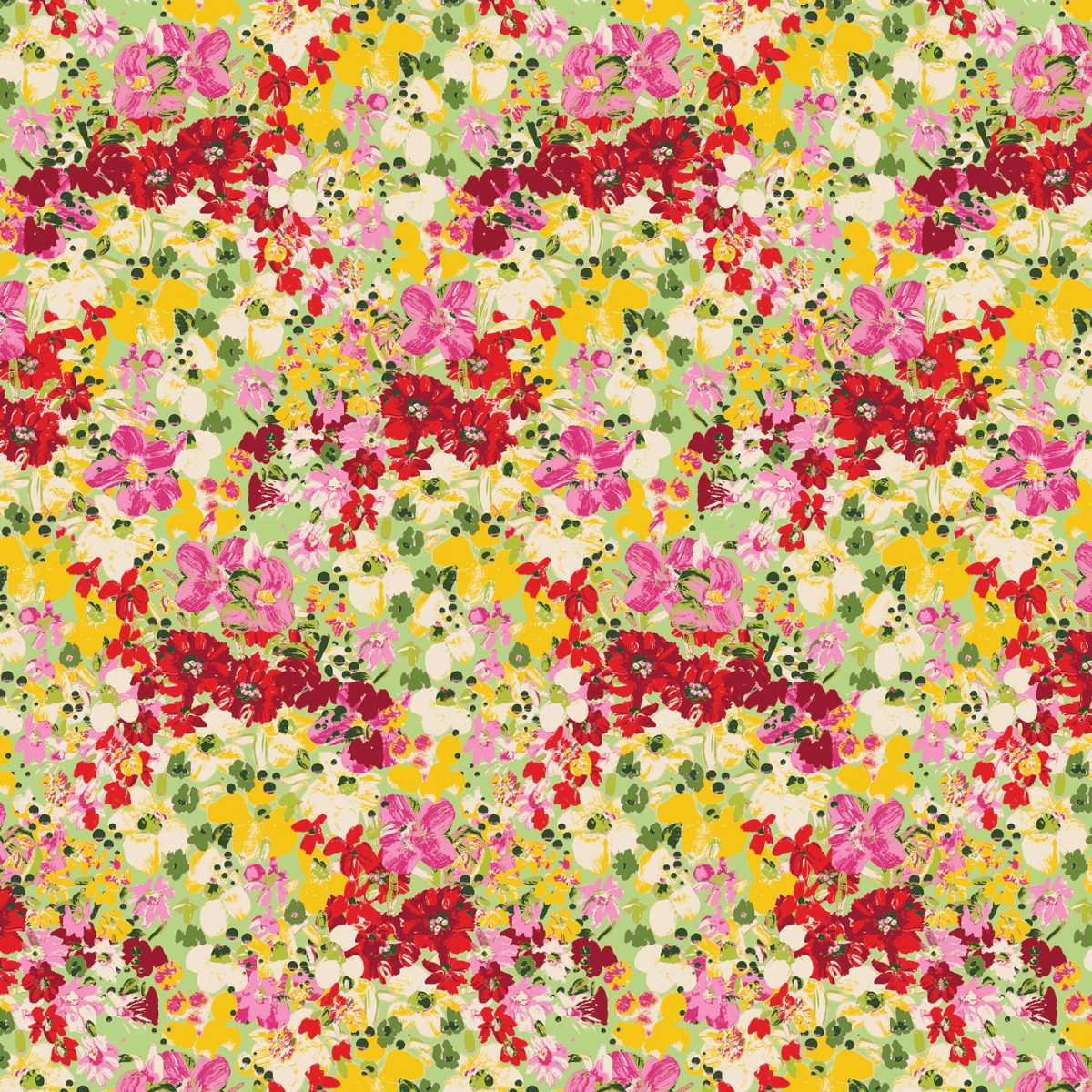 fabric with painterly small red, pink and yellow flowers