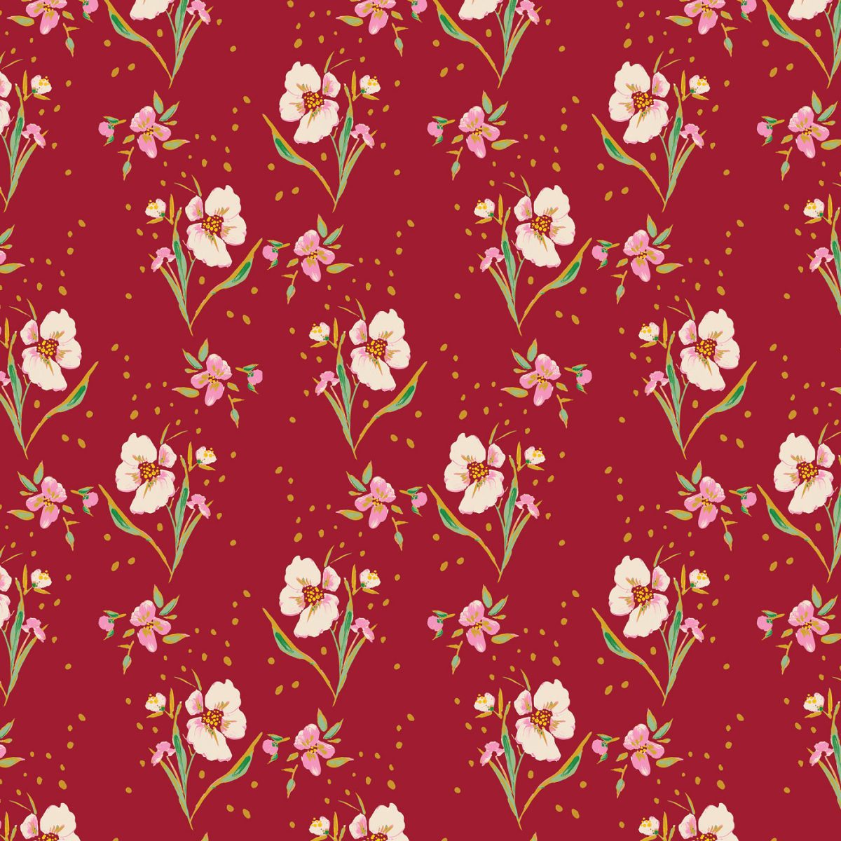 small white flowers in a red background fabric