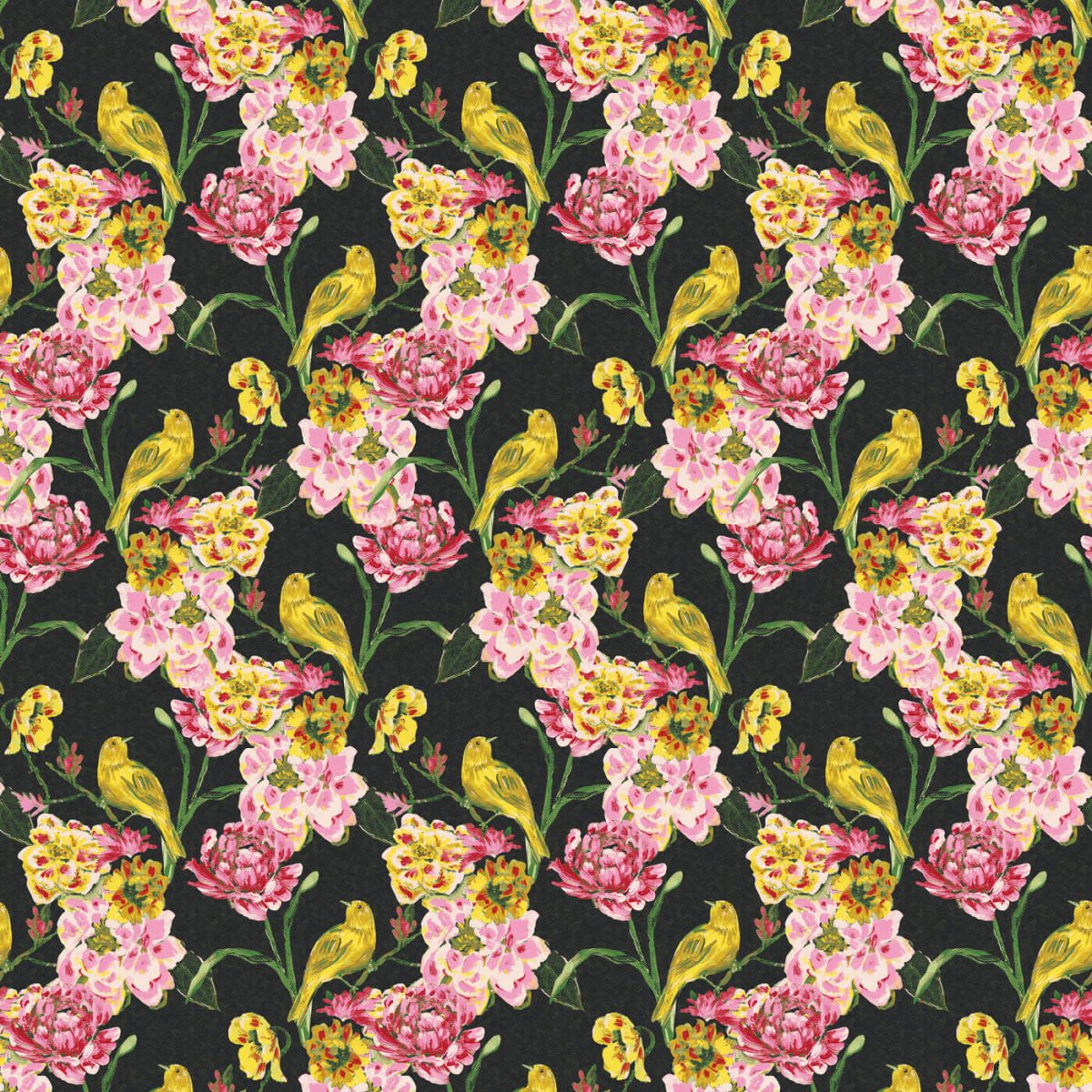 a pattern of flowers and birds