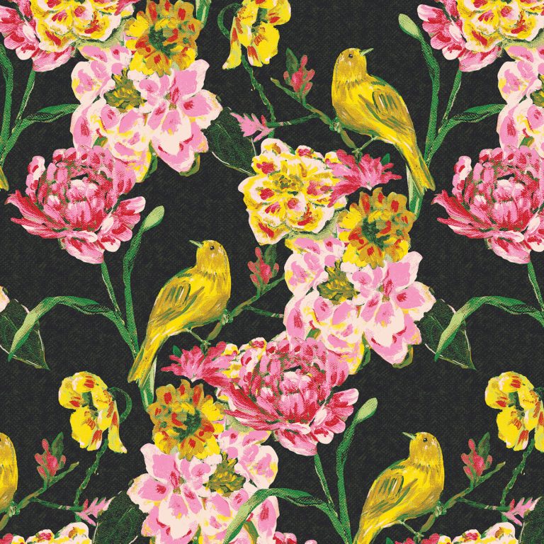 painterly flowers with yellow birds on a dark background