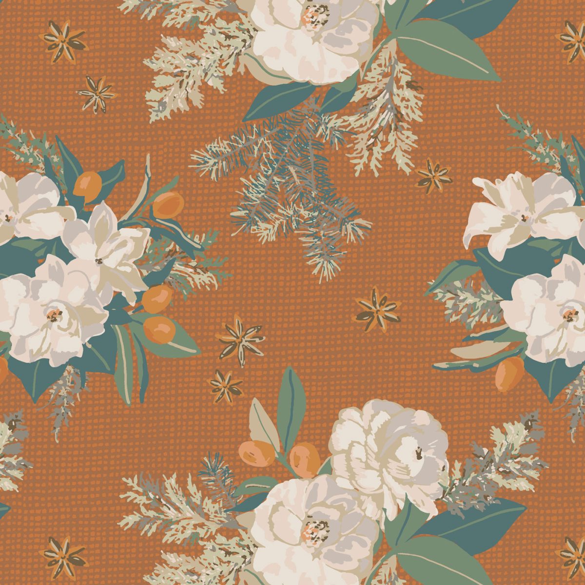 White floral on an orange textured background fabric