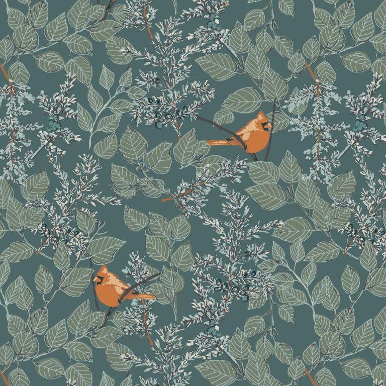 green leaves with red birds fabric