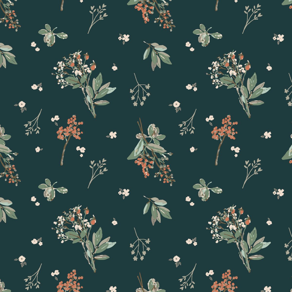 Red berries with green laves and a dark green background fabric