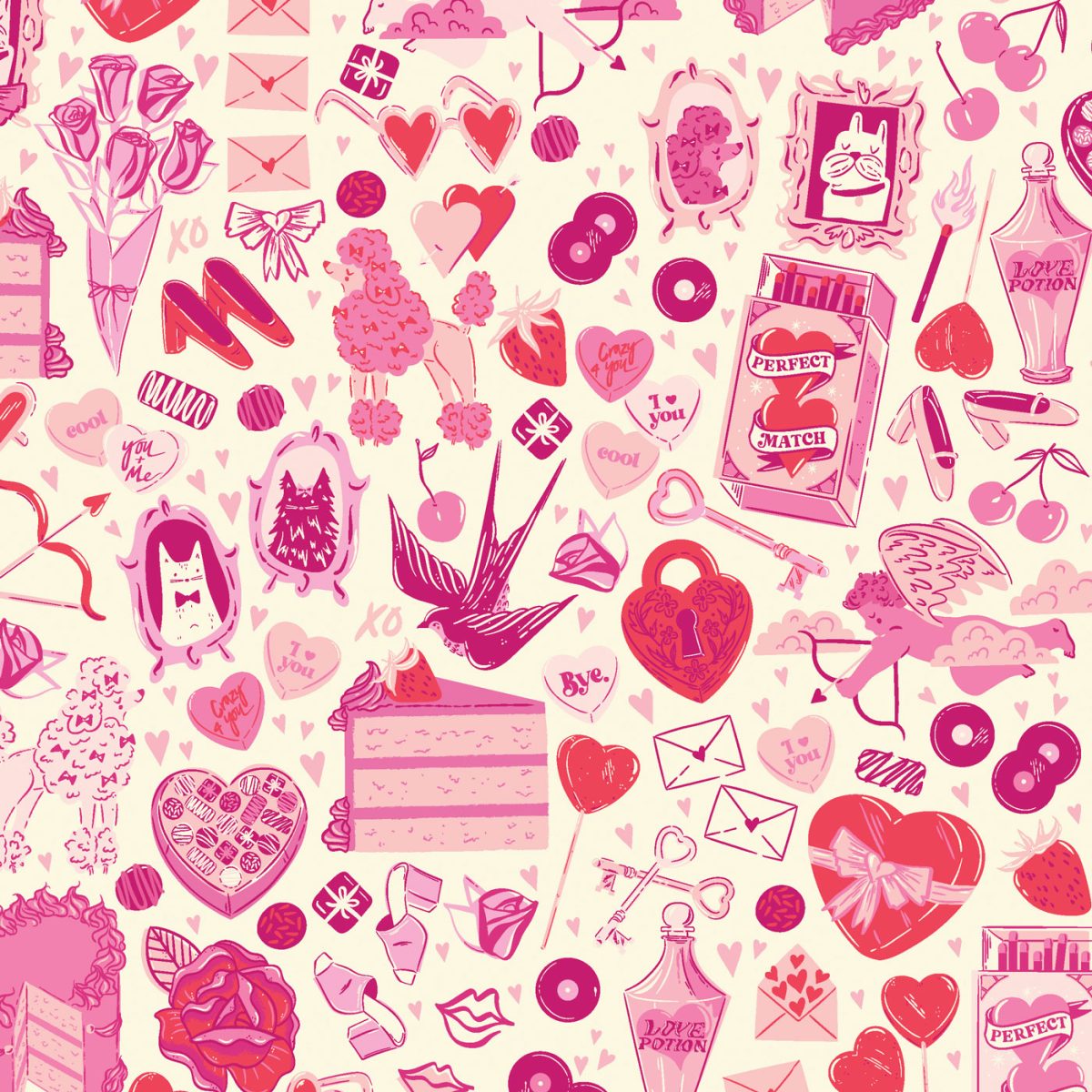 Novelty fabric with hearts, cakes, dogs, cats , glasses and more