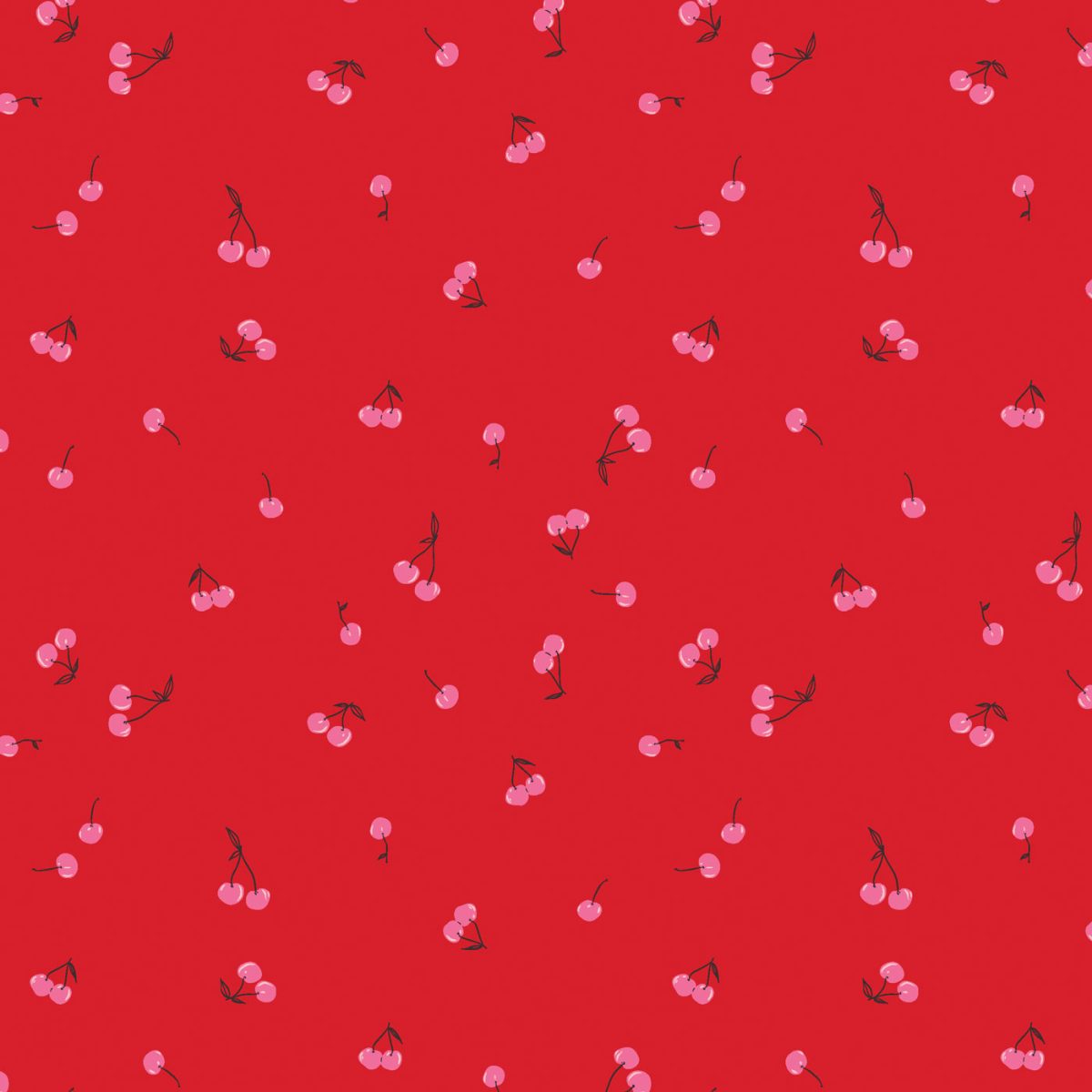 Pink cherries fabric with a red background