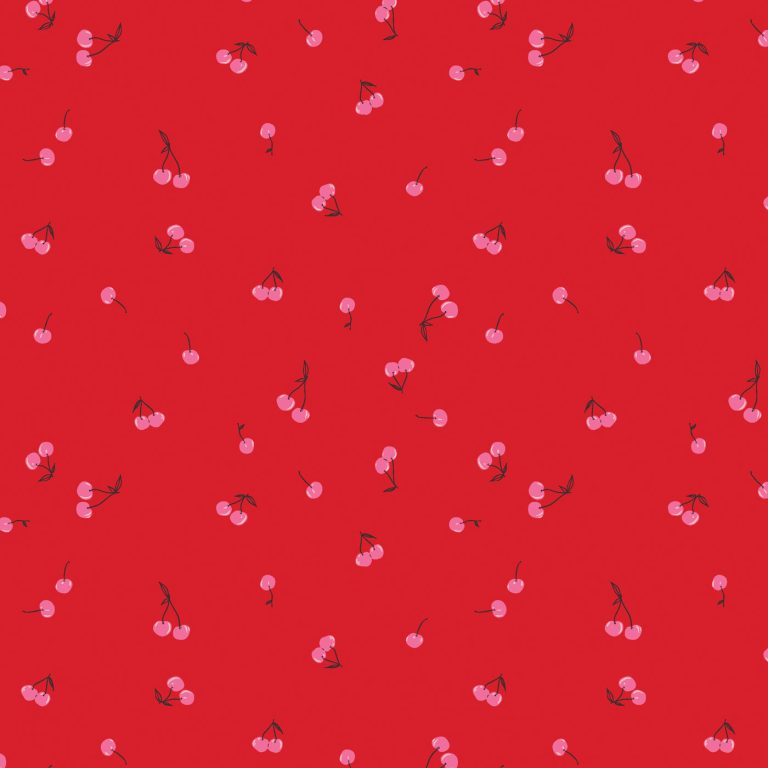 Pink cherries fabric with a red background