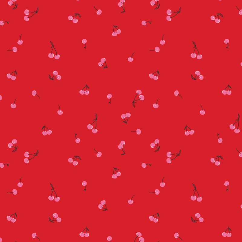 Pink cherries fabric with a red background