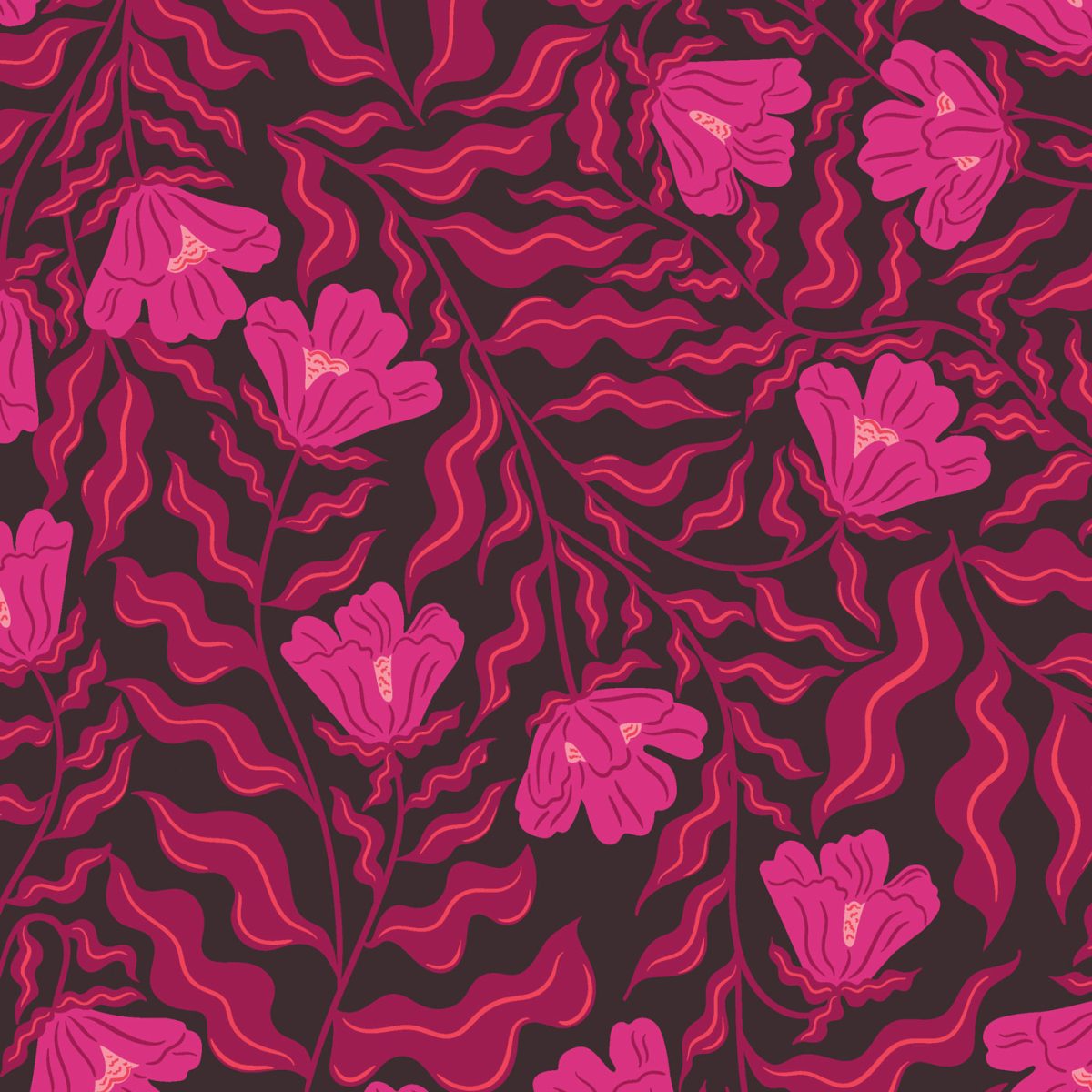 Bright pink floral with black background rayon fabric